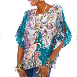 Chico’s | Womens Mixed Print Poncho Top Size S Floral Paisley Teal Boho